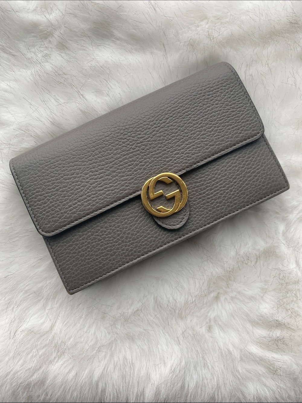 Gucci Gray Pebbled Leather Interlocking GG Marmont Wallet on Chain